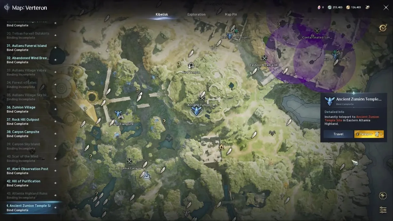 Aion 2 character stuck map with Ancient Zumion Temple Site selected and a yellow Teleport button