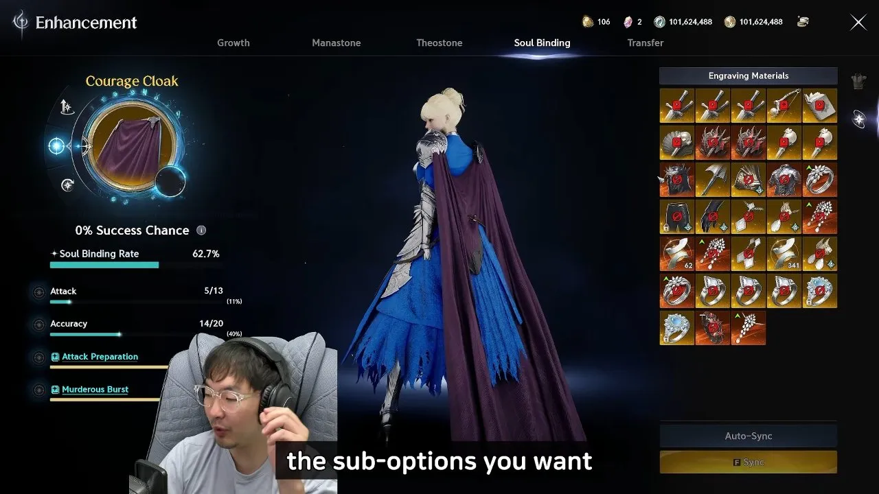 AION 2 Soul Codex Soul Binding screen with Courage Cloak substats and the Sync button