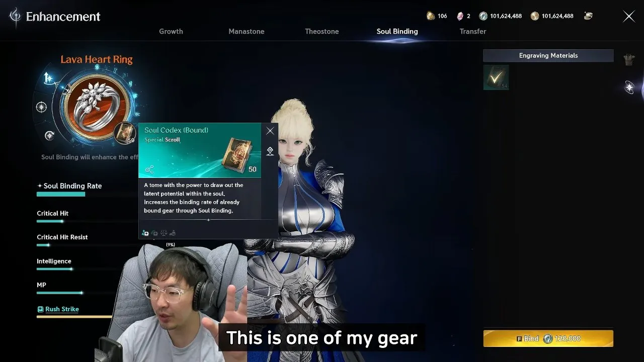 AION 2 Soul Codex Bound tooltip beside Lava Heart Ring and the Bind button