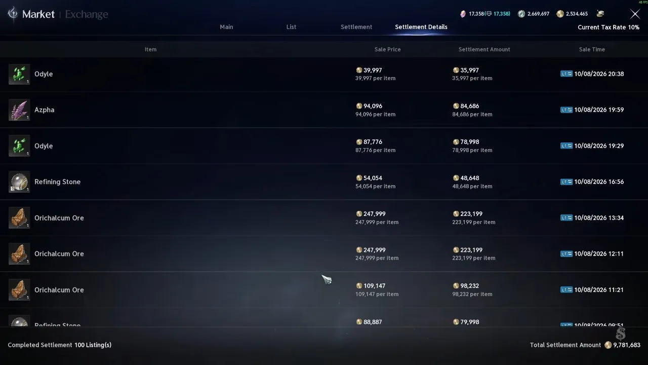 Aion 2 trading Settlement Details tab with completed sales, sale prices, settlement amounts, and sale times