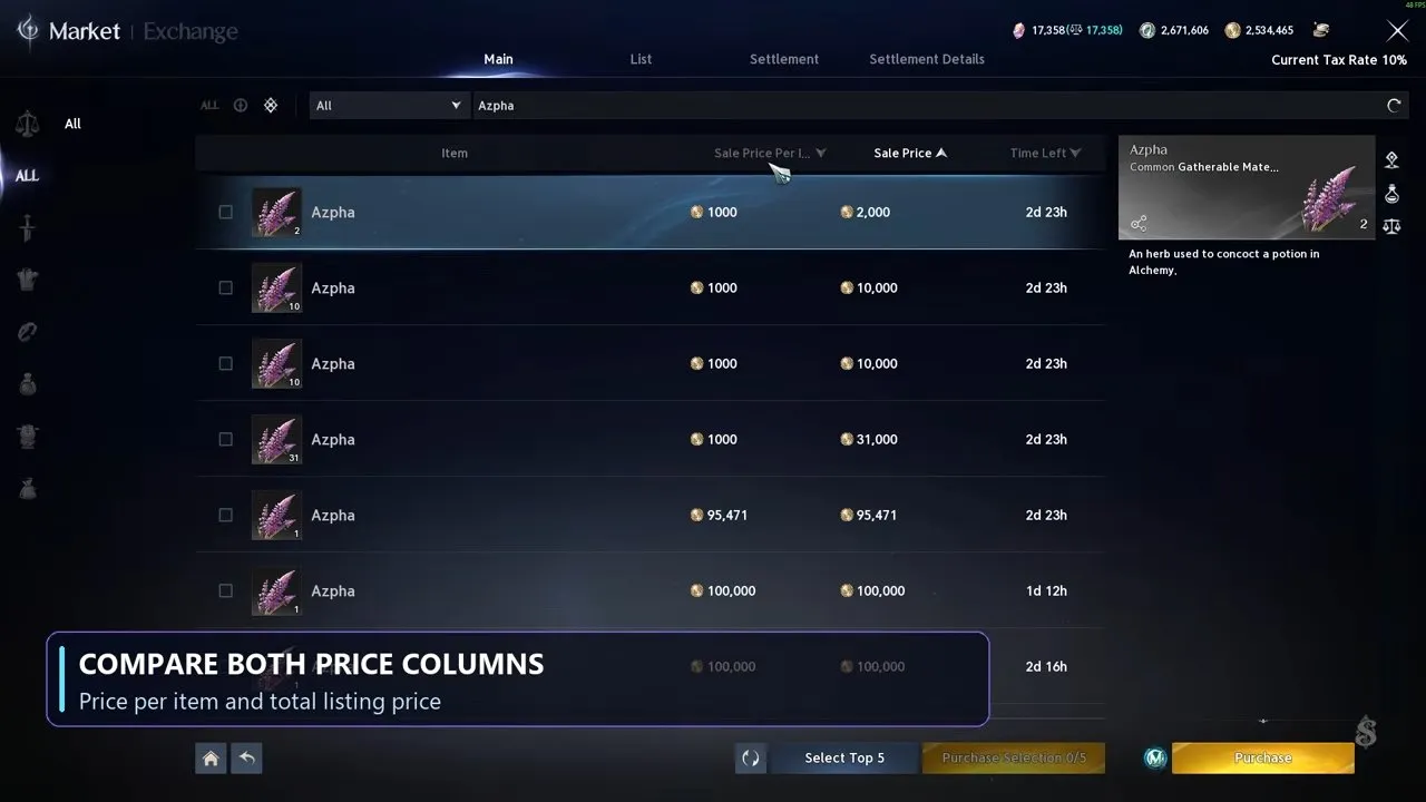 Aion 2 trading Main tab with Azpha listings, unit prices, total prices, and purchase controls