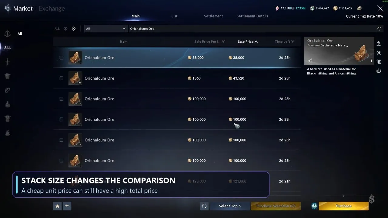 Aion 2 trading Orichalcum Ore listings with single-item and stack prices in the Main tab