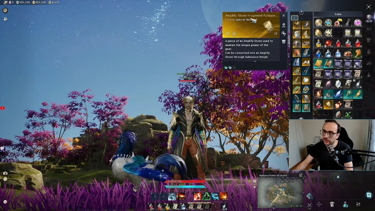 Amplify Stone Fragment tooltip in the Cube inventory showing conversion through Substance Morph
