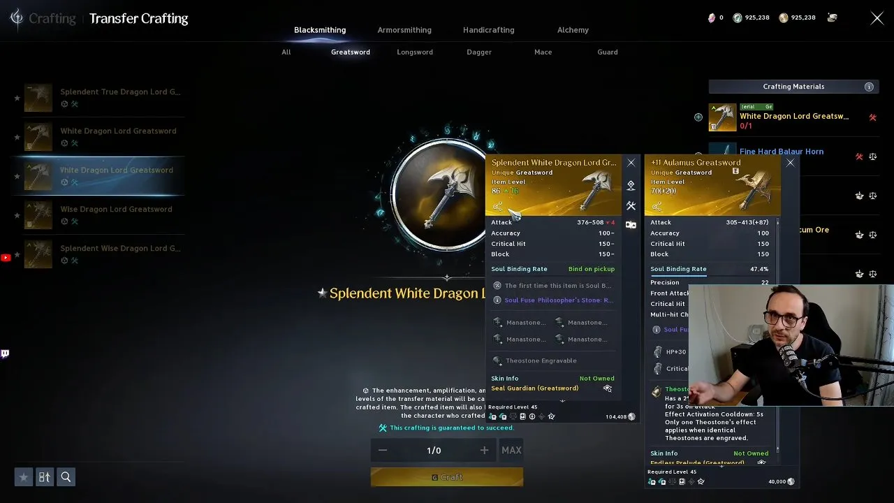 Crafted and equipped greatsword tooltips side by side in the Transfer Crafting interface