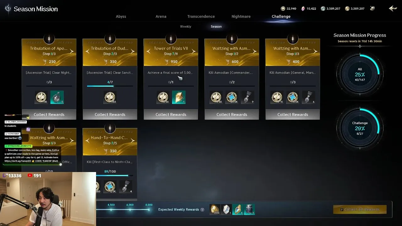 Ascension trial point rewards in the season challenge menu