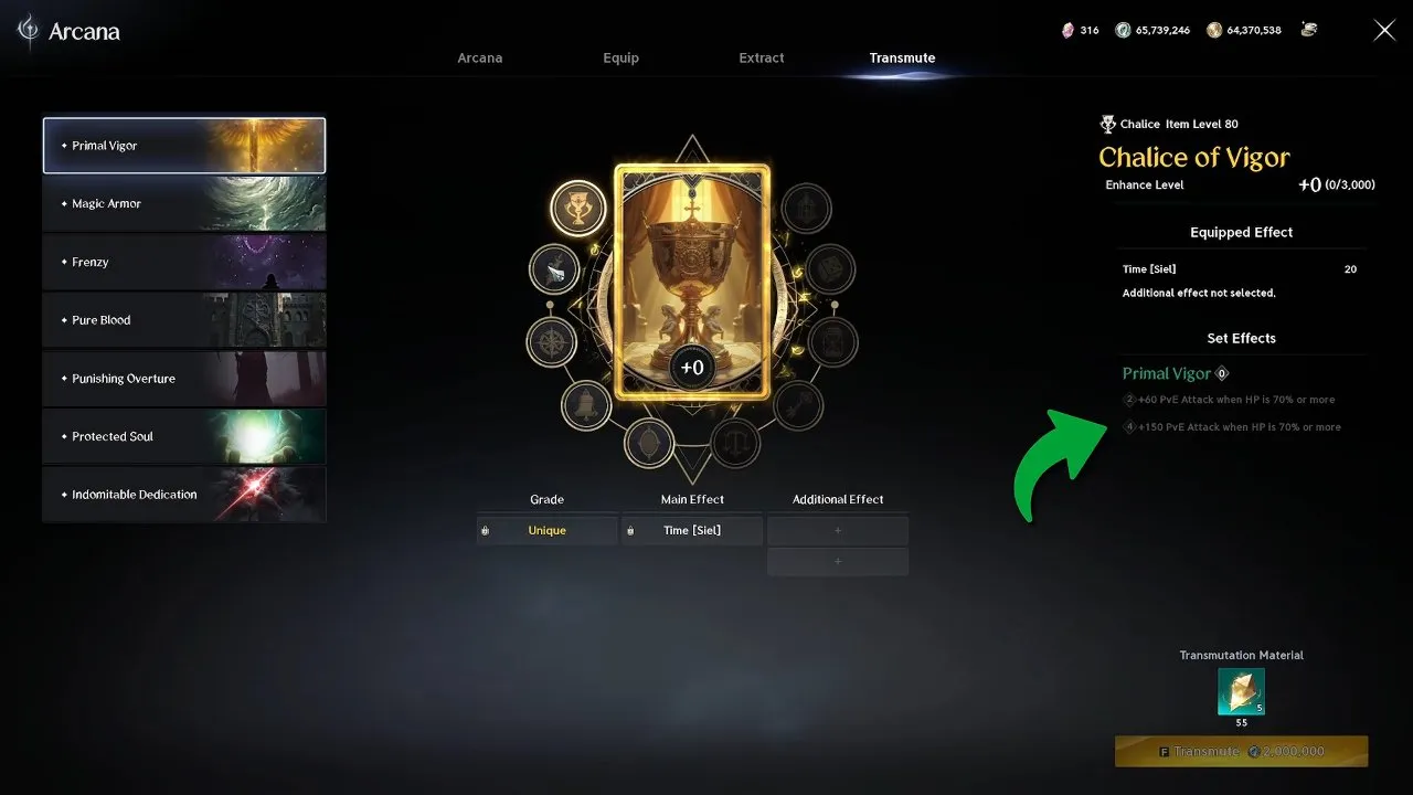 Chalice of Vigor card on the AION 2 Arcana transmute screen