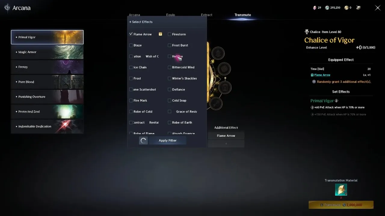 Flame Arrow and Hellfire selected in the card crafting interface