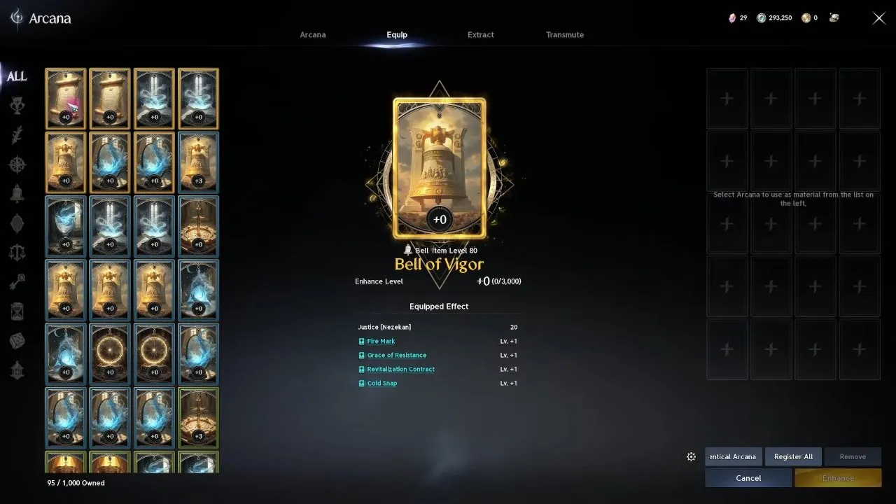 Spare cards selected for experience in the Arcana enhancement interface