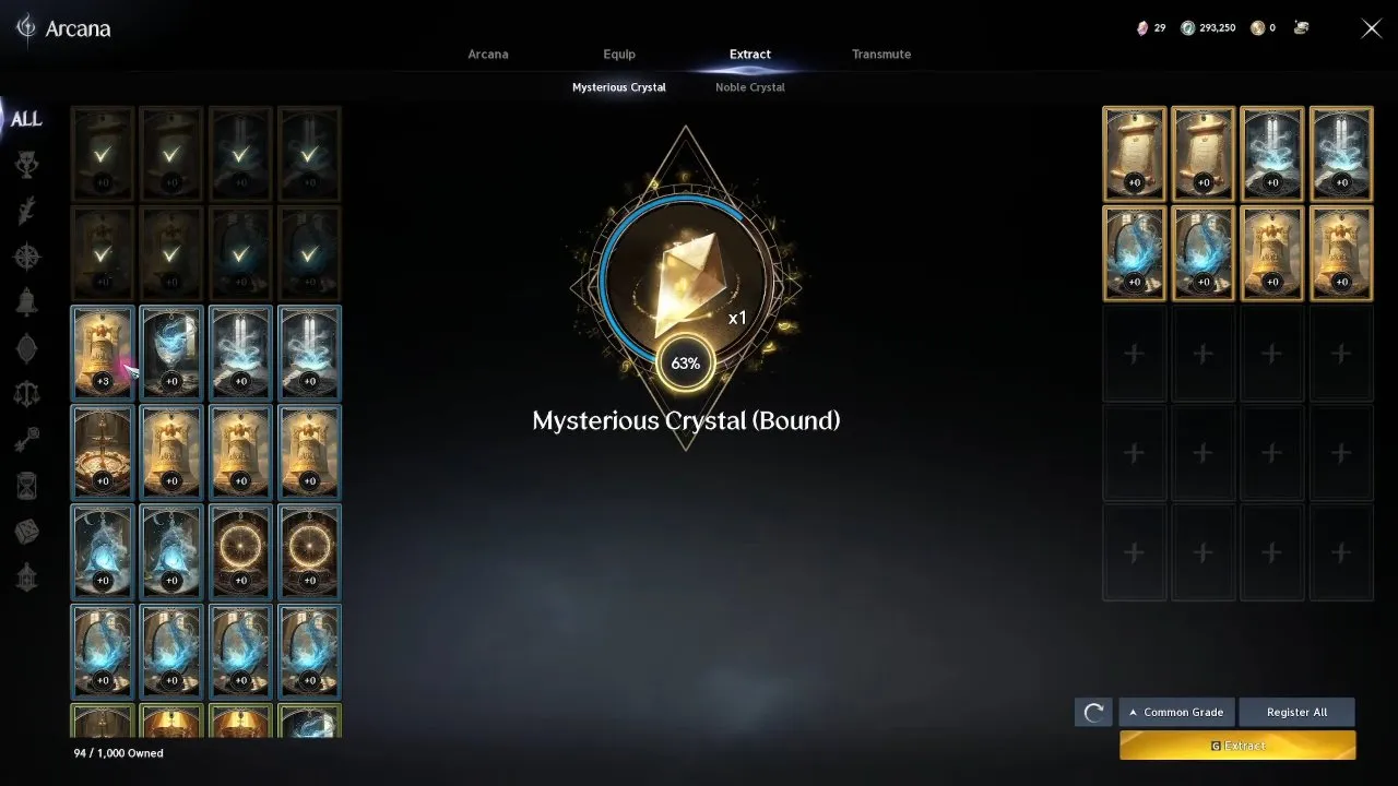 Extraction progress bar for mysterious crystals in the Arcana interface