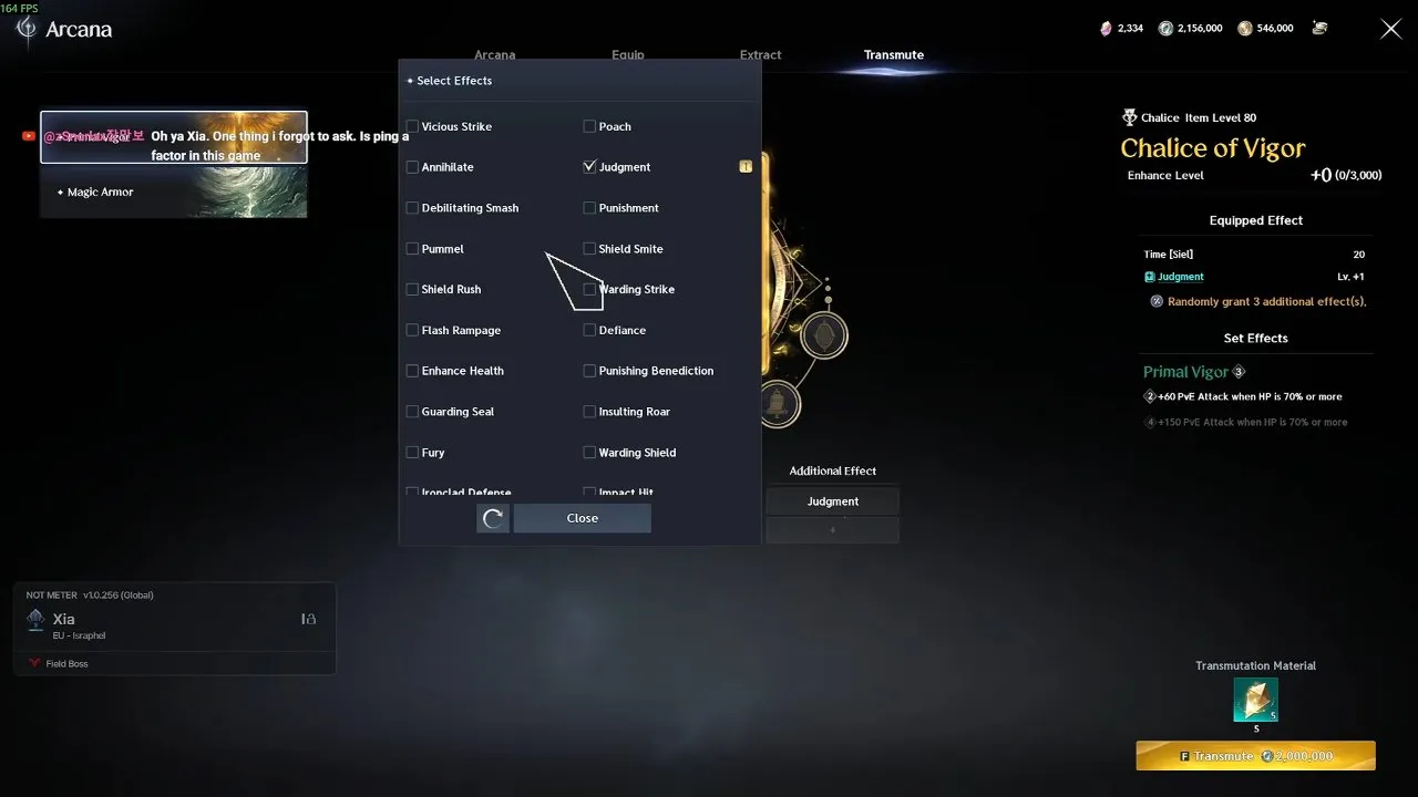 Skill selection in the Arcana transmutation interface
