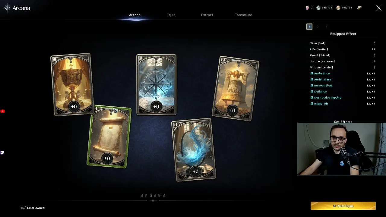 Green Arcana cards equipped in the Arcana menu