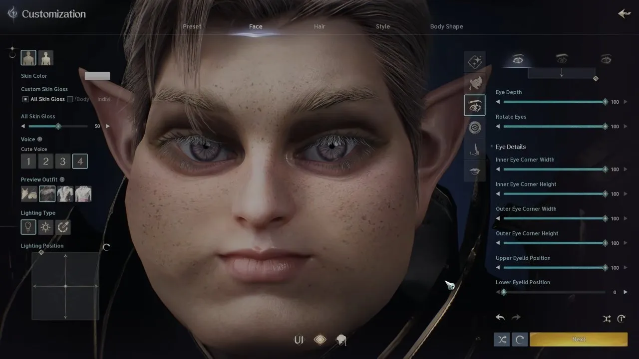 Eye detail sliders in the AION 2 character creation Face tab