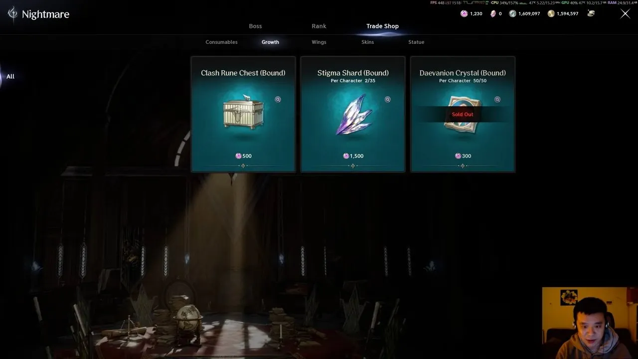 Clash Rune Chest (Bound) in Nightmare Trade Shop with Growth selected