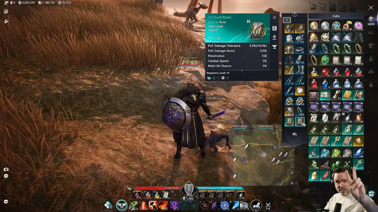 Two +1 Clash Runes in the equipment column with a +1 Clash Rune tooltip open