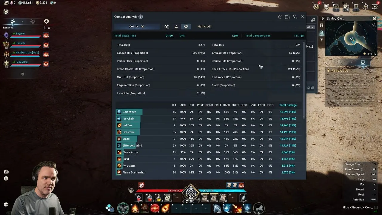 Skill entries and hit statistics in the detailed Combat Analysis window