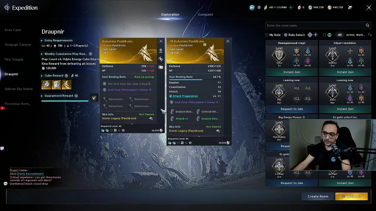 Bakarma Pauldrons comparison panel showing green Attack and Evasion mana-stone rolls