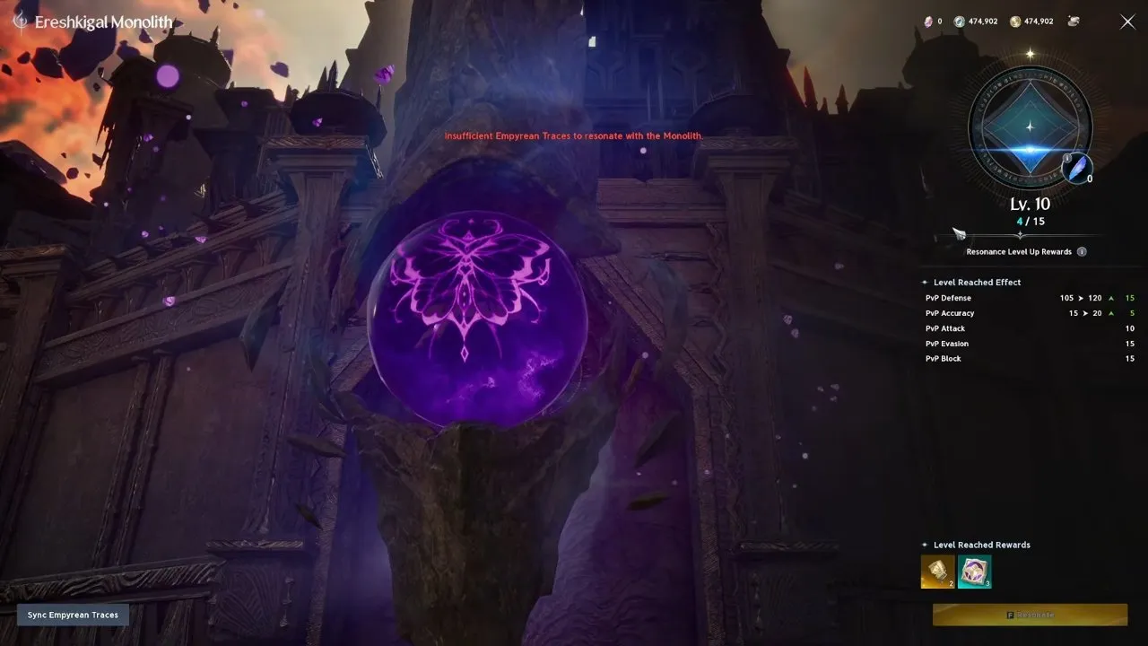 Ereshkigal Monolith interface with Sync Empyrean Traces, Resonate, and an insufficient Empyrean Traces message
