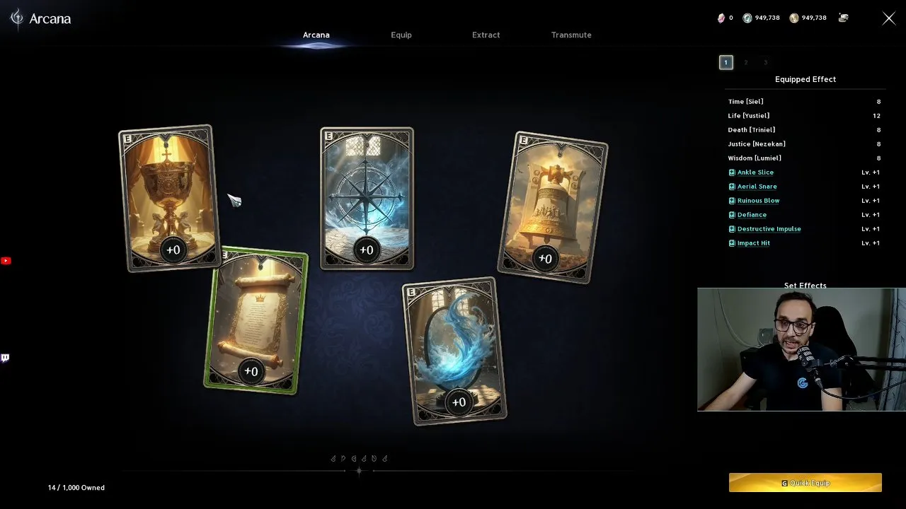 Green Arcana cards contributing Gear Score in the Arcana menu