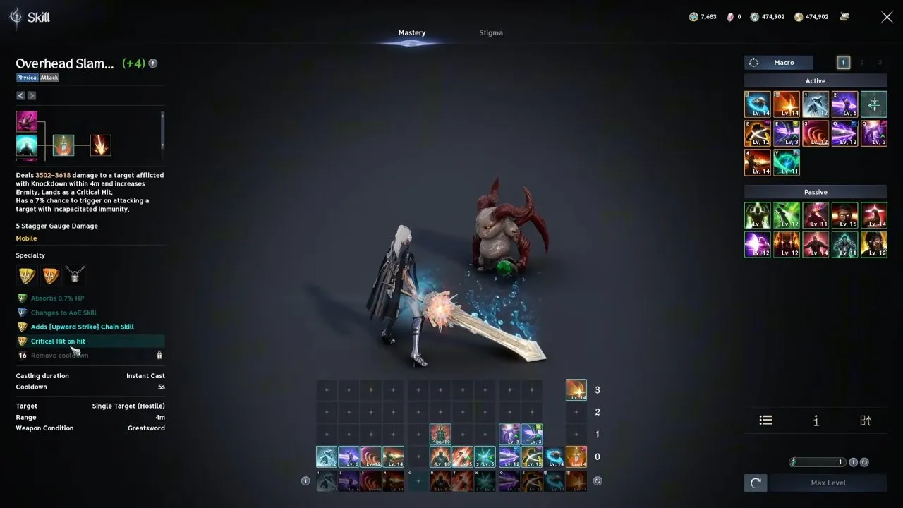 Overhead Slam Specialty list in the AION 2 Gladiator skill menu