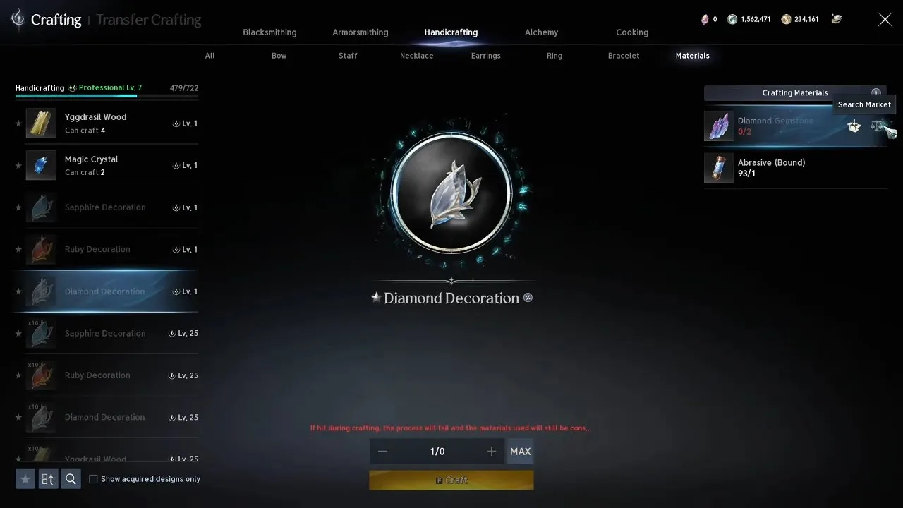 AION 2 Crafting window with the Armorsmithing tab and the Search Market button next to a missing material