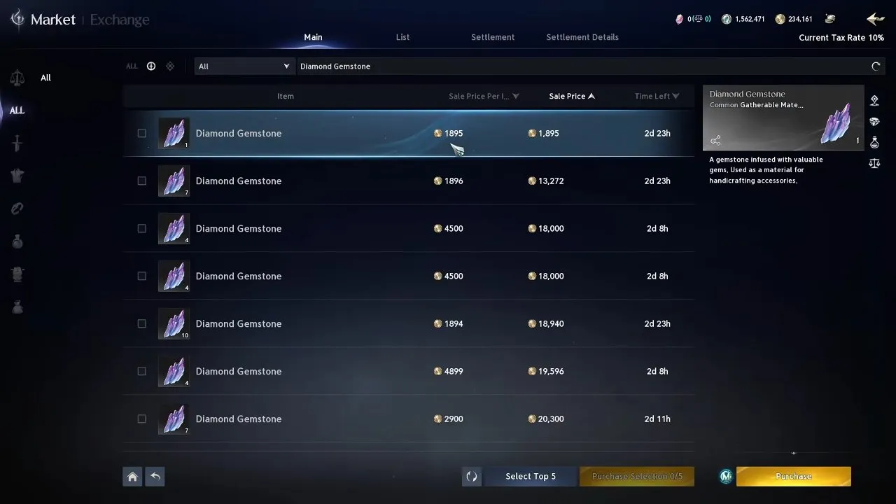 AION 2 Market Exchange listings sorted by sale price per unit
