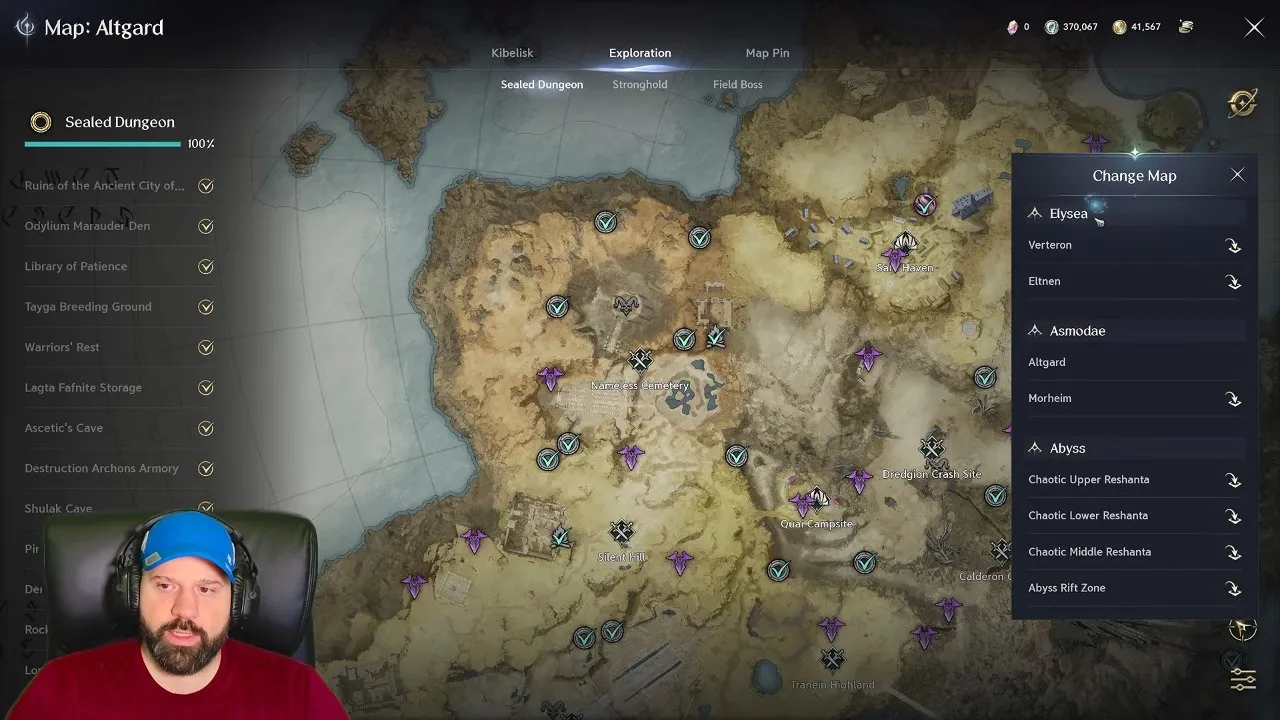 Change Map menu listing Elysea, Asmodae and Abyss regions in AION 2