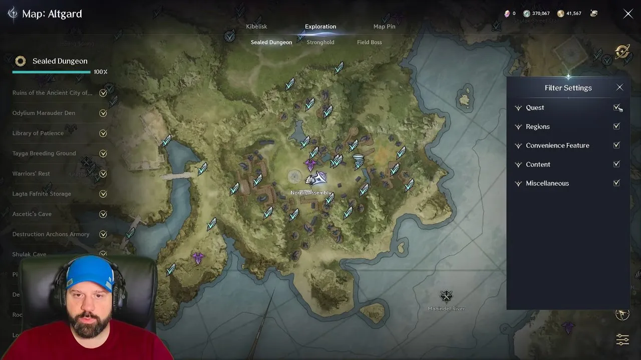 Filter Settings panel on the AION 2 world map