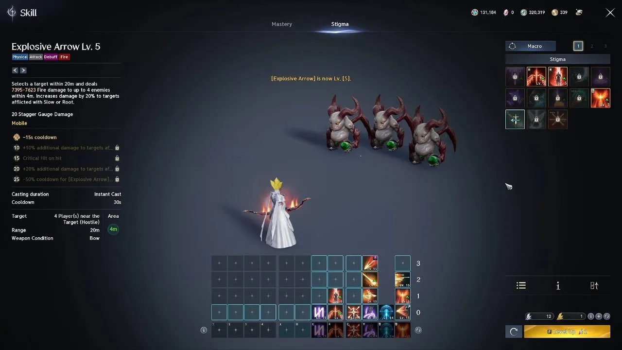 Explosive Arrow Stigma tooltip in the AION 2 Ranger skill menu