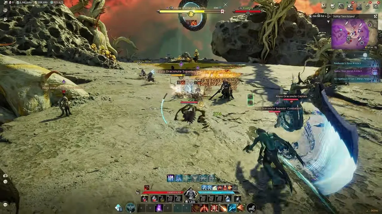 A character fighting Abyss mobs on Sulfur Tree Island