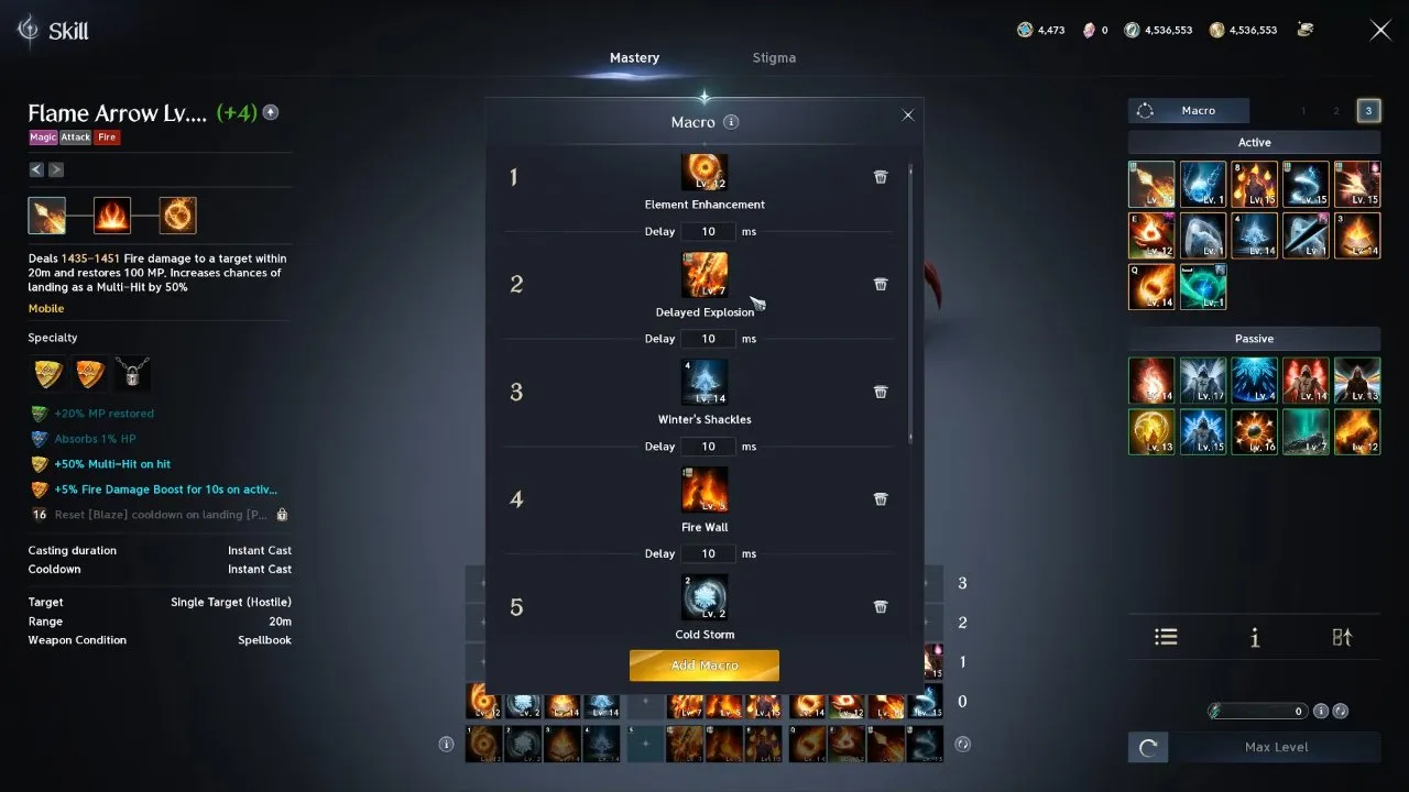 AION 2 Sorcerer macro window with five fire and ice skills