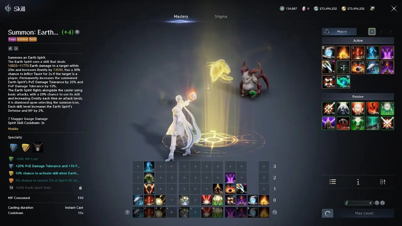 Summon: Earth Spirit tooltip in the AION 2 Spiritmaster skill menu